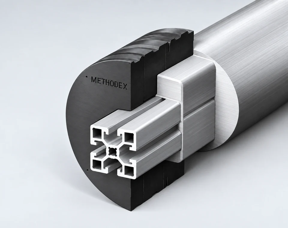 Symbolische Schnittdarstellung eines Strangpresswerkzeugs mit einem quadratischen Aluminiumprofil und vier T-Nuten.